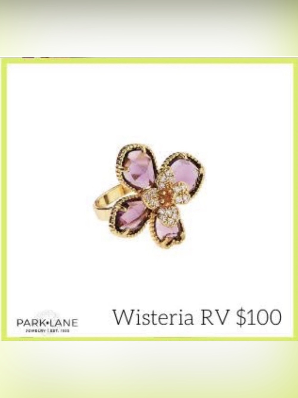 Park Lane Wisteria Purple Crystal Gold Tone Flower Ring Size 9 Retired Stunning